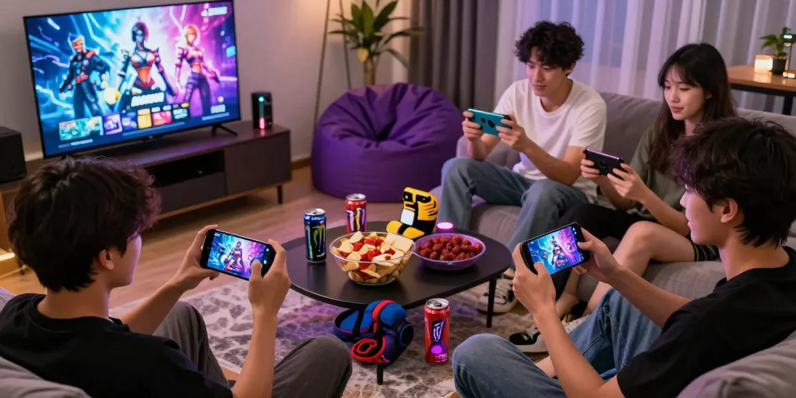 Mobile hentai games showcase with players enjoying diverse characters in a cozy living room.