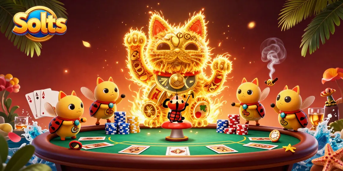 Spin and win on exciting Slots amid a lively scene with golden fireflies and poker elements.