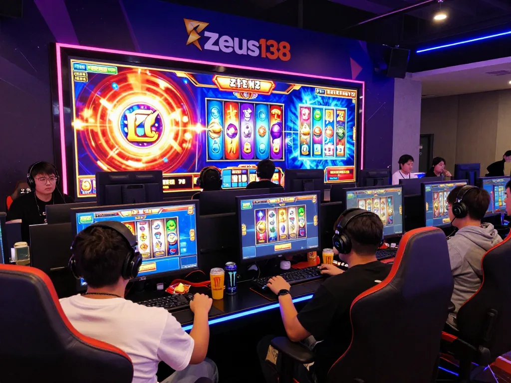 Exciting Zeus138 online slot gaming scene with diverse players engaged in thrilling gameplay.