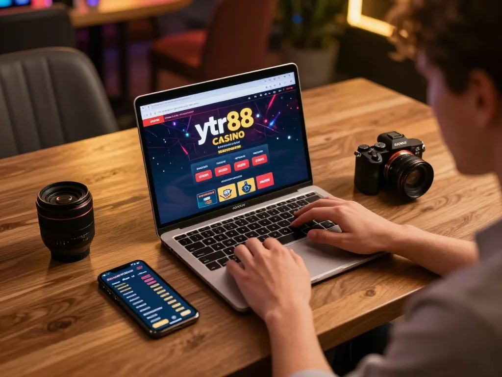 Player engaging with ytr88 casino platform on laptop, capturing a relaxed online gaming atmosphere.