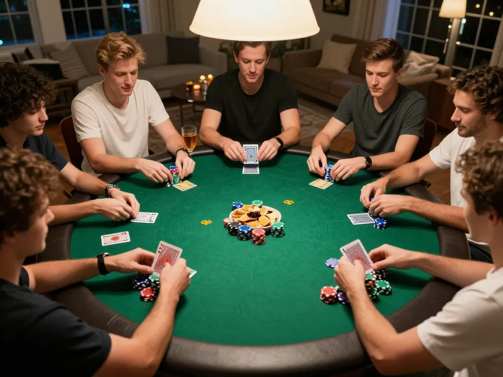 Players enjoy an engaging poker game at home, reflecting lc88vina's focus on social gaming experiences.