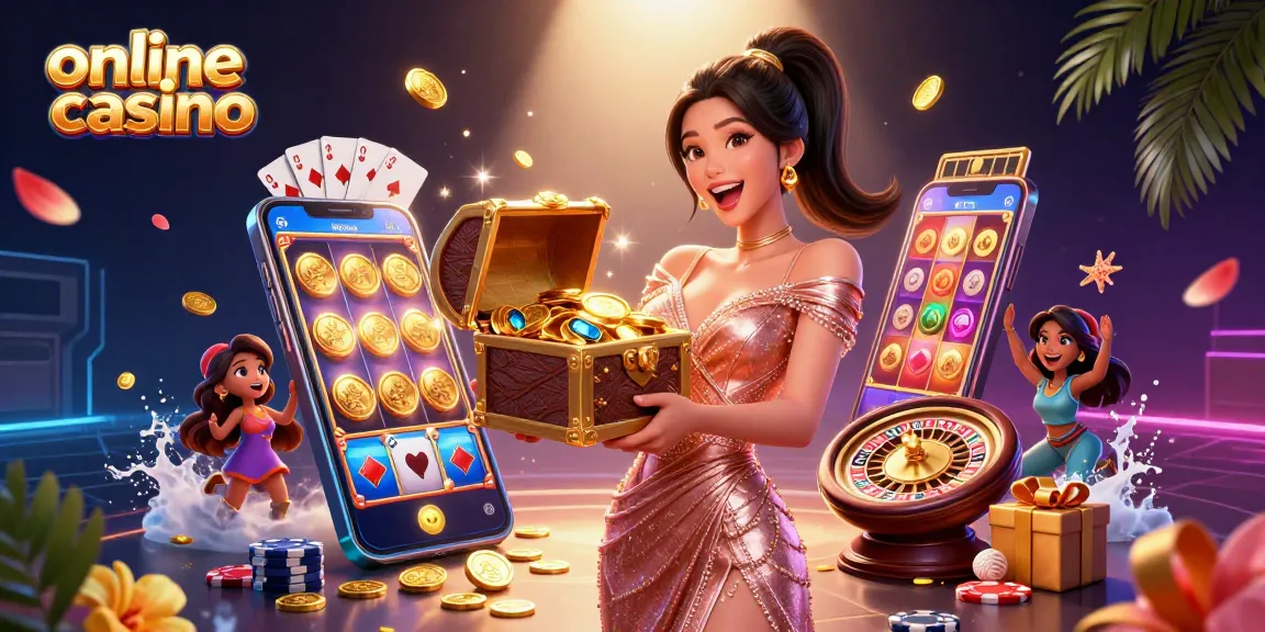 Experience excitement at the online casino with golden treasures and spinning slots in this vibrant illustration.