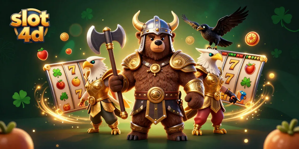 Experience thrilling slot 4d action with a Viking bear and Valkyrie eagle in a vibrant illustration.