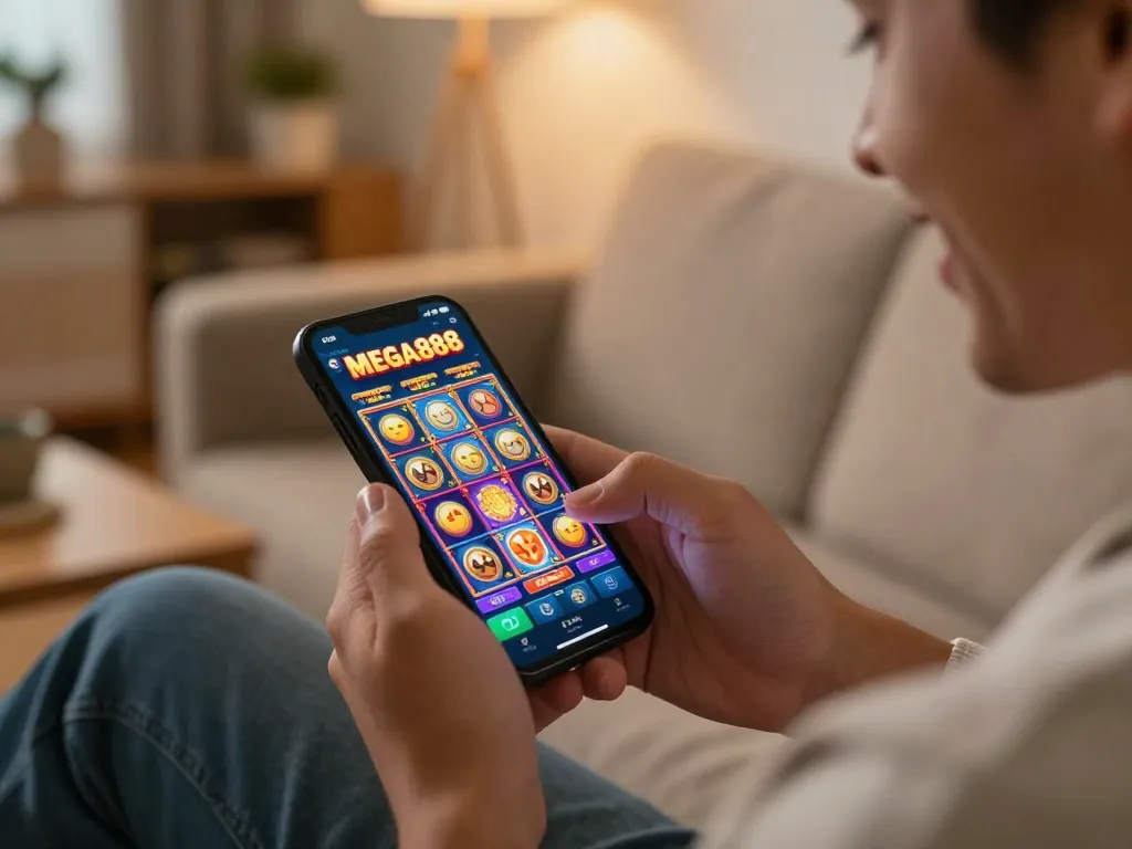 Player enjoying Mega888 mobile app slots at home, showcasing engaging online gambling experience