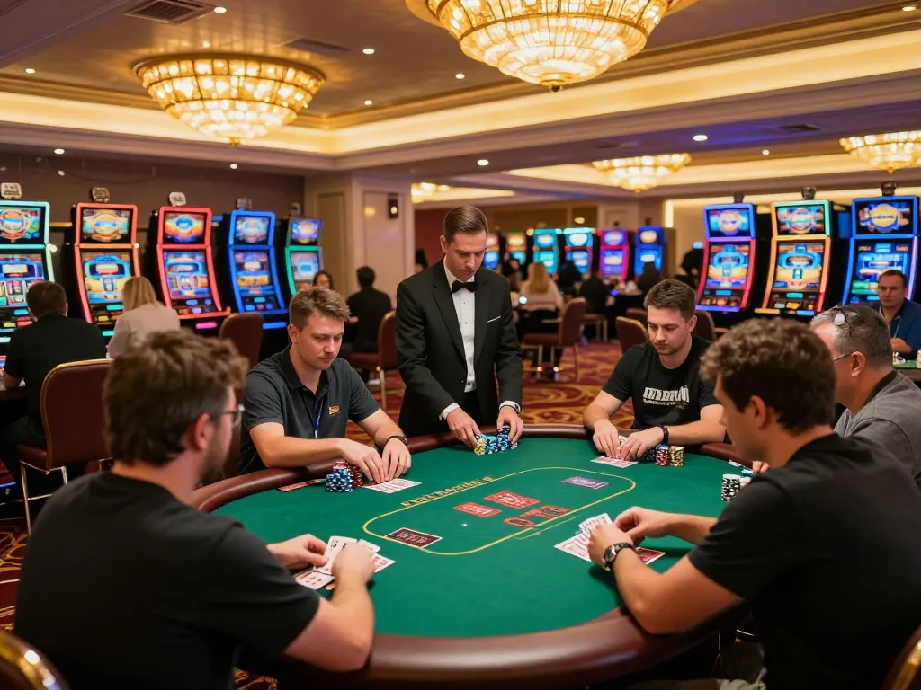 Intense poker players strategizing their moves on M111 tables amid vibrant casino atmosphere.