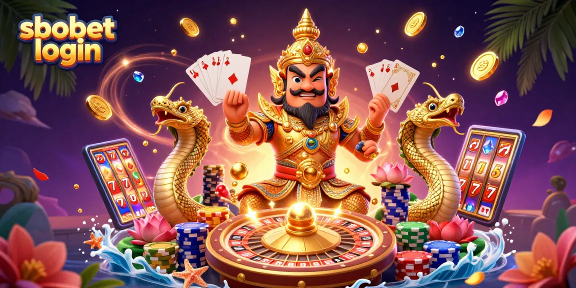 Experience sbobet login with a vibrant 3D illustration of casino elements, featuring unique characters and dynamic game action.
