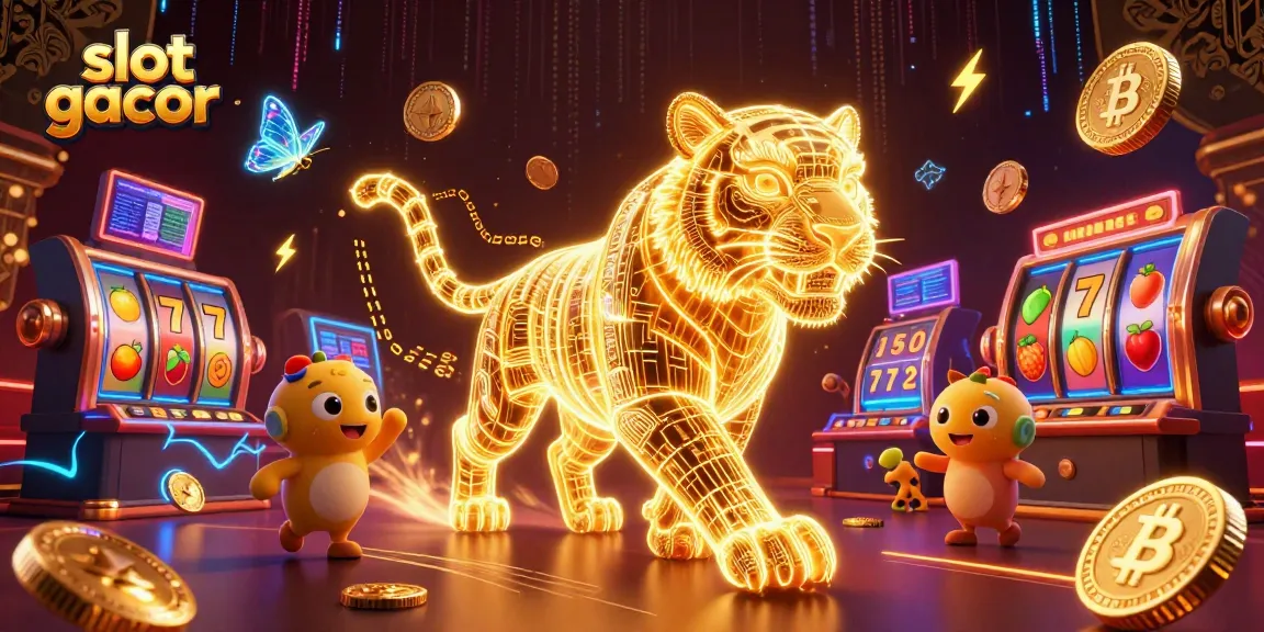 Experience slot gacor with a luminous tiger in a vibrant casino landscape filled with digital elements.