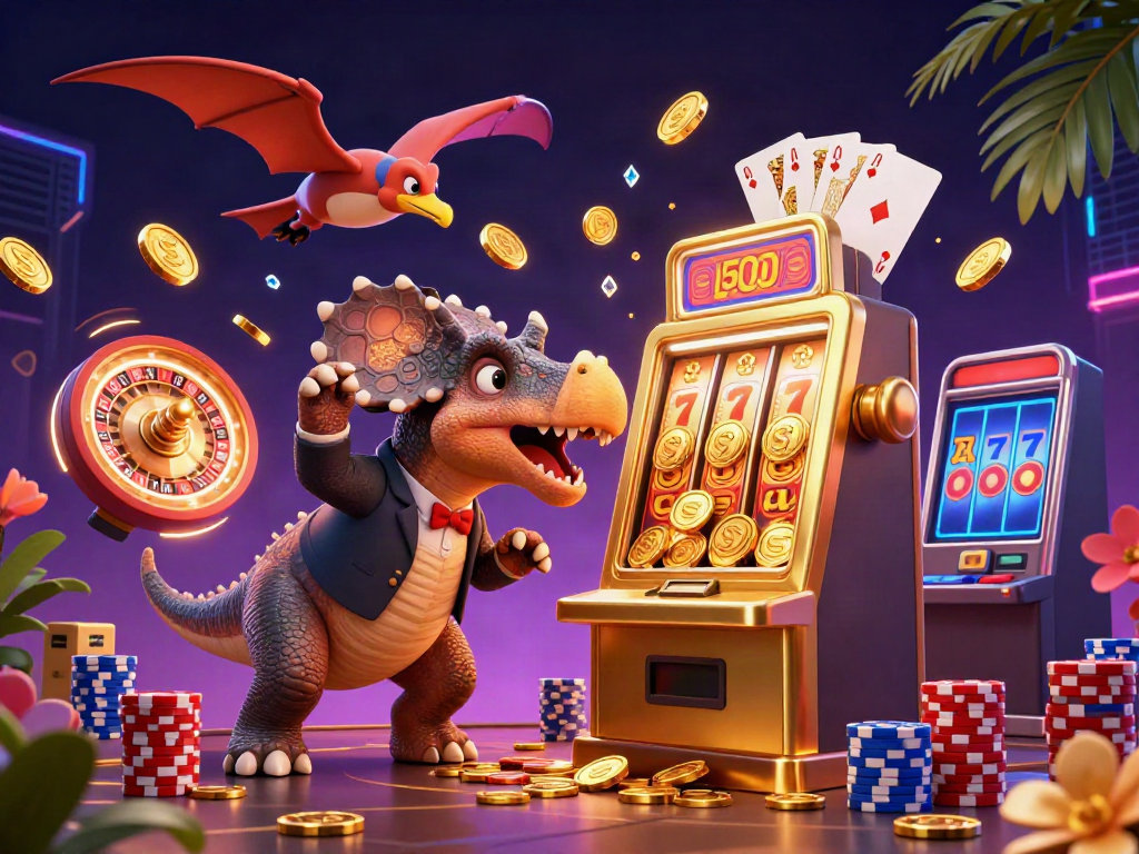 Experience thrilling gameplay with skyxchangeid, featuring a pachycephalosaurus winning coins and a casino backdrop.