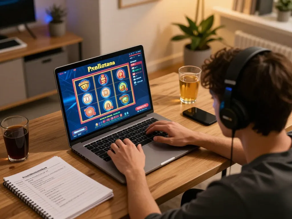 Engaging with Pragmatic Demo slots during an online gaming session at home with warm lighting.