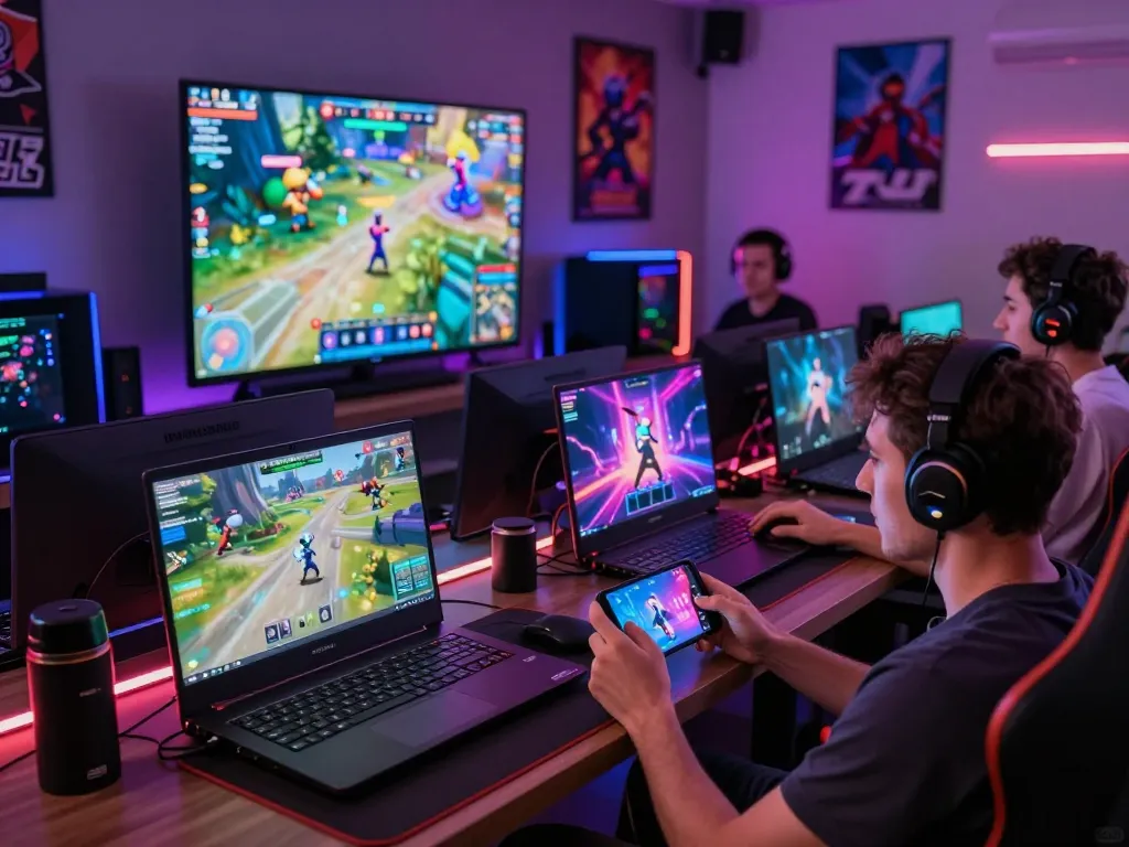 Group of adults enjoying an immersive adult game experience on laptops and mobile devices in a vibrant gaming lounge.