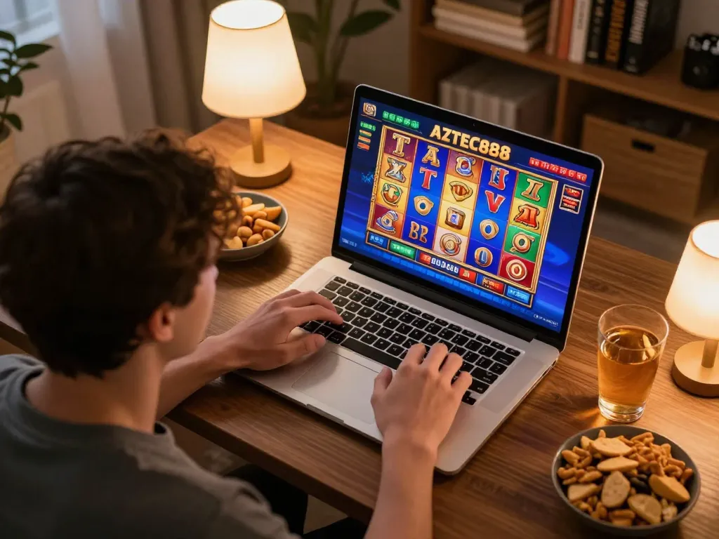 Player enjoying engaging slot games on the AZTEC888 platform on a laptop, showcasing a cozy gaming environment.