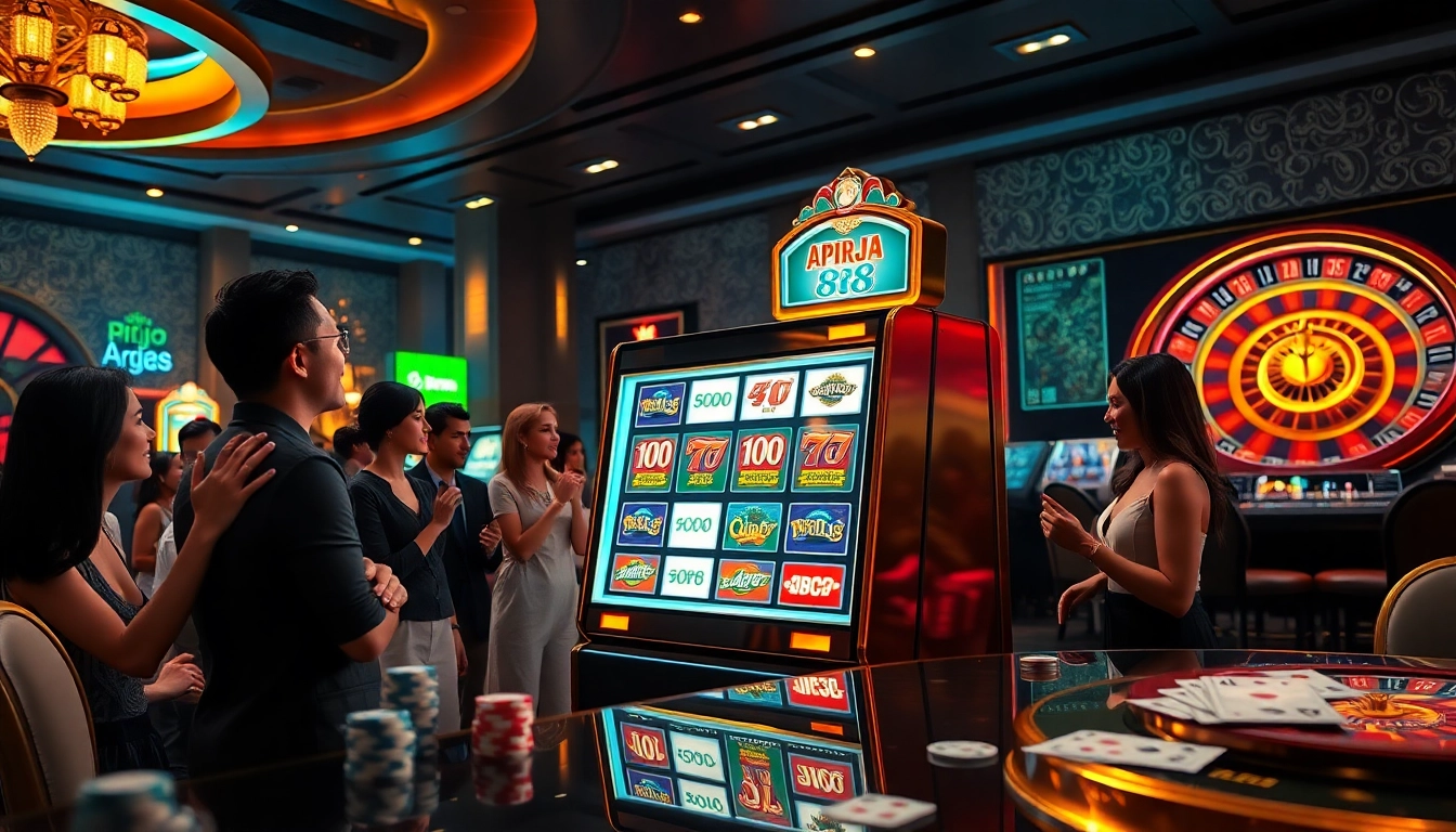 Excited casino players enjoying the vibrant slot apiraja88 machine amid luxurious surroundings.