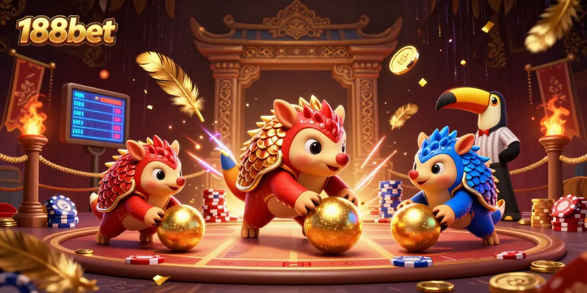 188bet showcases a thrilling scene with cartoon pangolins bowling on poker chips amid a vibrant casino backdrop.