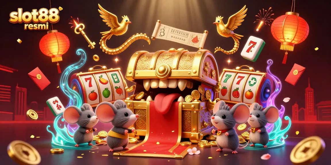 Experience thrill at slot88 resmi with vibrant 3D illustration of adventurous mice and casino elements.