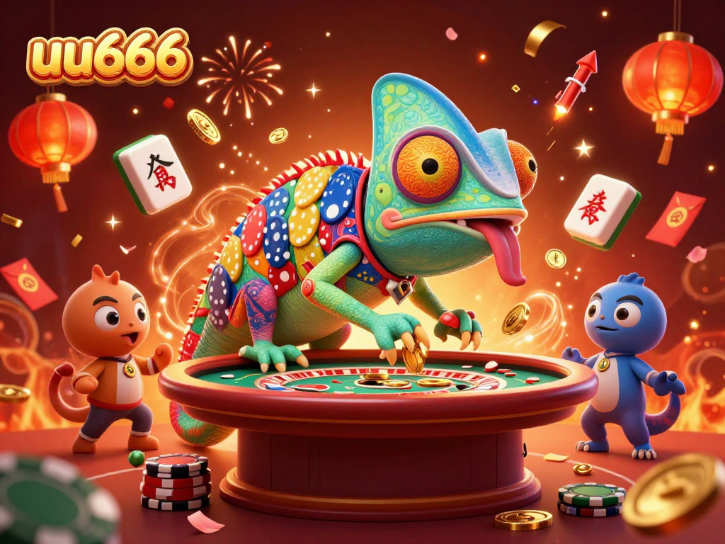 Experience thrilling gaming at uu666 with an enormous chameleon casino owner capturing golden coins.