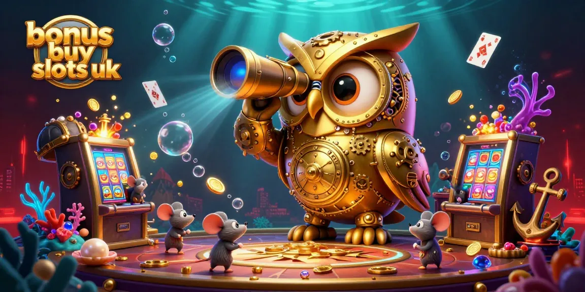 Immerse in bonus buy slots uk excitement with detailed casino scene featuring golden owl and vibrant slot elements.