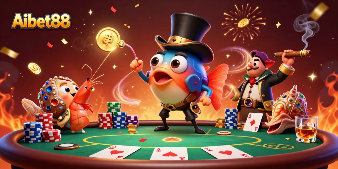 Aibet88 showcases a vibrant casino scene with an anglerfish and pirate shrimp, celebrating wins with golden coins.
