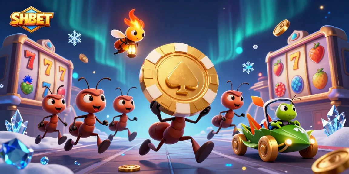SHBET team of ants orchestrating a heist with a golden poker chip, surrounded by dynamic slots and jackpot elements.
