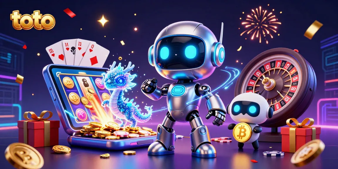 Spin vibrant toto slot games featuring a cyberpunk robot mascot, AI dragon, and bitcoin drone.