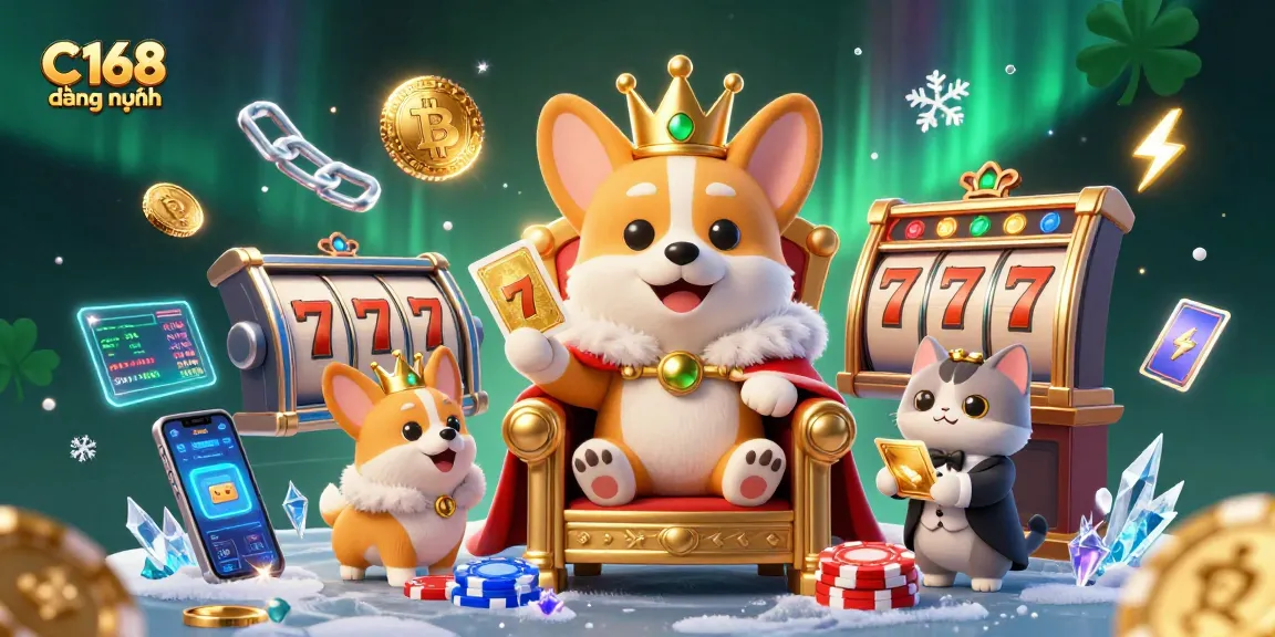 Experience thrilling games at C168 đằng nhập with vibrant slot reels and a charming corgi regal scene.