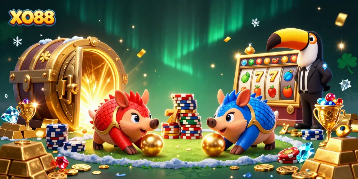 Experience thrilling action at XO88 as rival pangolins roll through a vibrant casino with sparkling treasures.