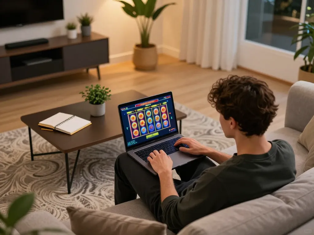Person engaging in online casinos not on gamstop, playing slots on a laptop with strategic betting notes.