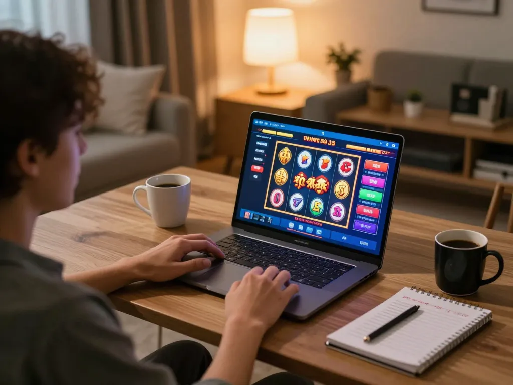 Engaging in Canadian online casinos with live slot gameplay on modern laptop at home.