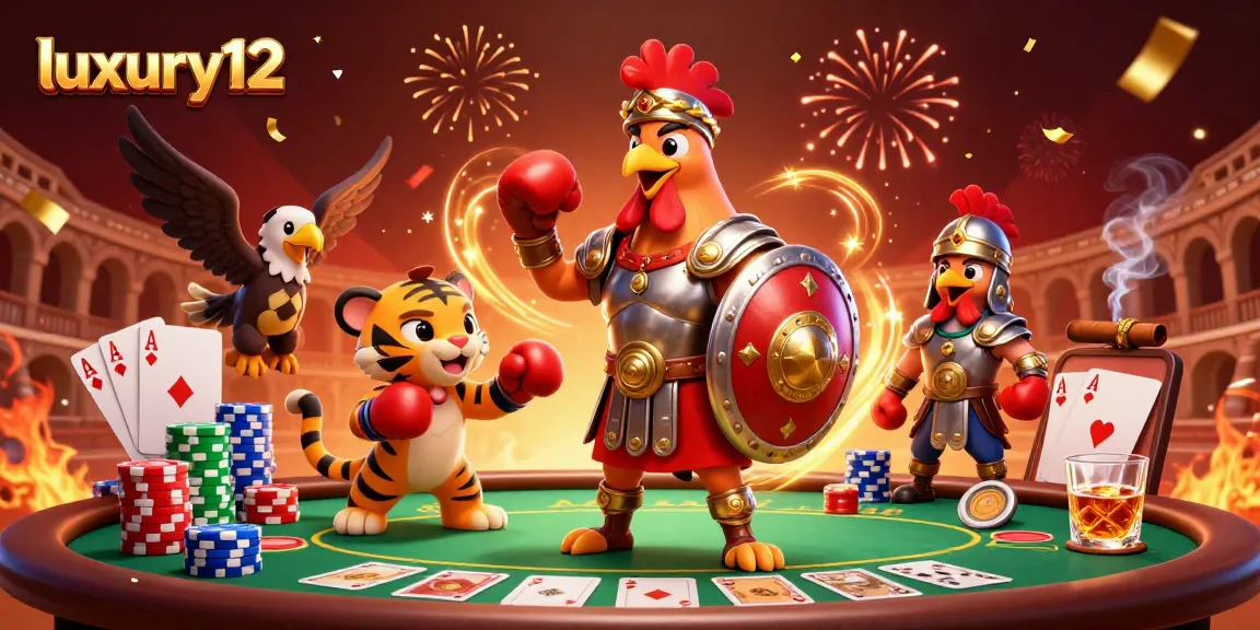 Engage with luxury12's vibrant casino scene featuring a gladiator rooster and poker elements.