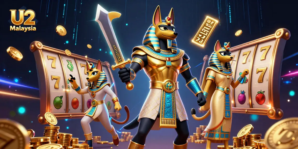Win big with U2 Malaysia slot games featuring Anubis and Bastet amidst vibrant reel action.