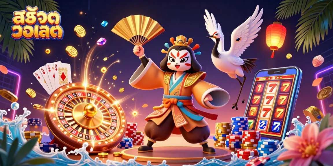 Engage with exciting สล็อตวอเลท gameplay featuring dynamic casino characters amidst sparkling coins and vibrant game elements.