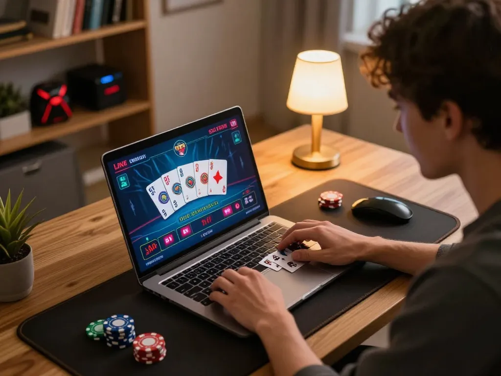 Player immersed in online blackjack on king33, showcasing responsible gaming atmosphere with engaging setup.