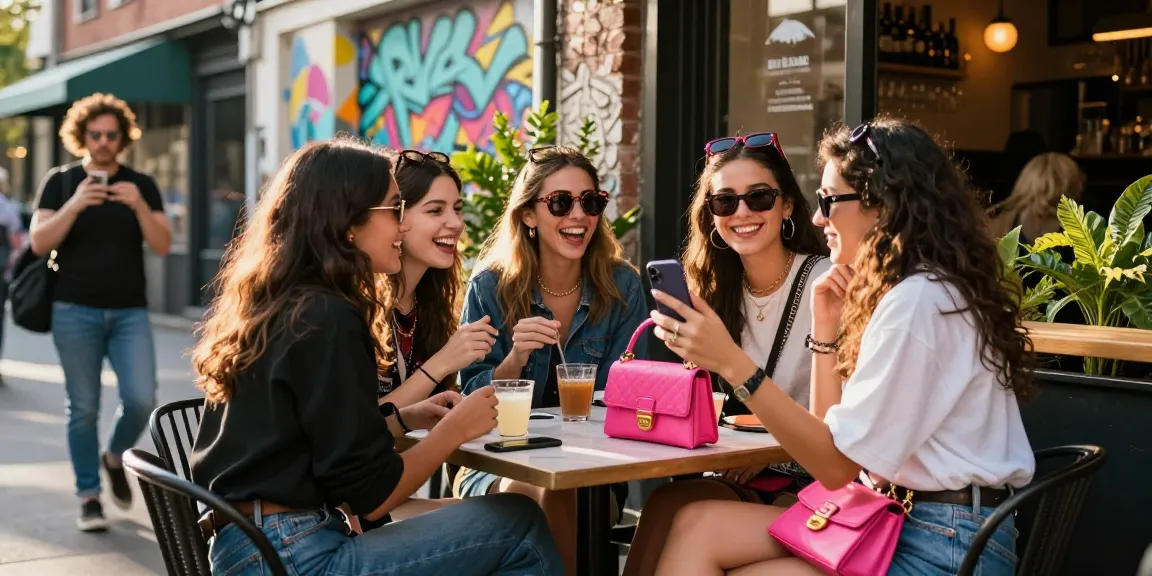 Những cô gái gọi vui vẻ tại quán cà phê ngoài trời, thể hiện phong cách thời trang hiện đại.