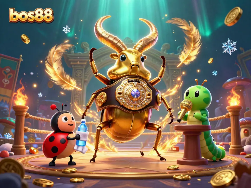 Experience thrilling gaming action with bos88 as a giant golden stag beetle faces off in a dynamic casino scene.