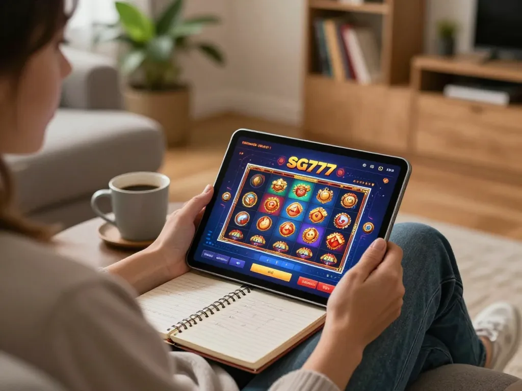 Person engaging with SG777 online casino on a tablet in a cozy living room setting
