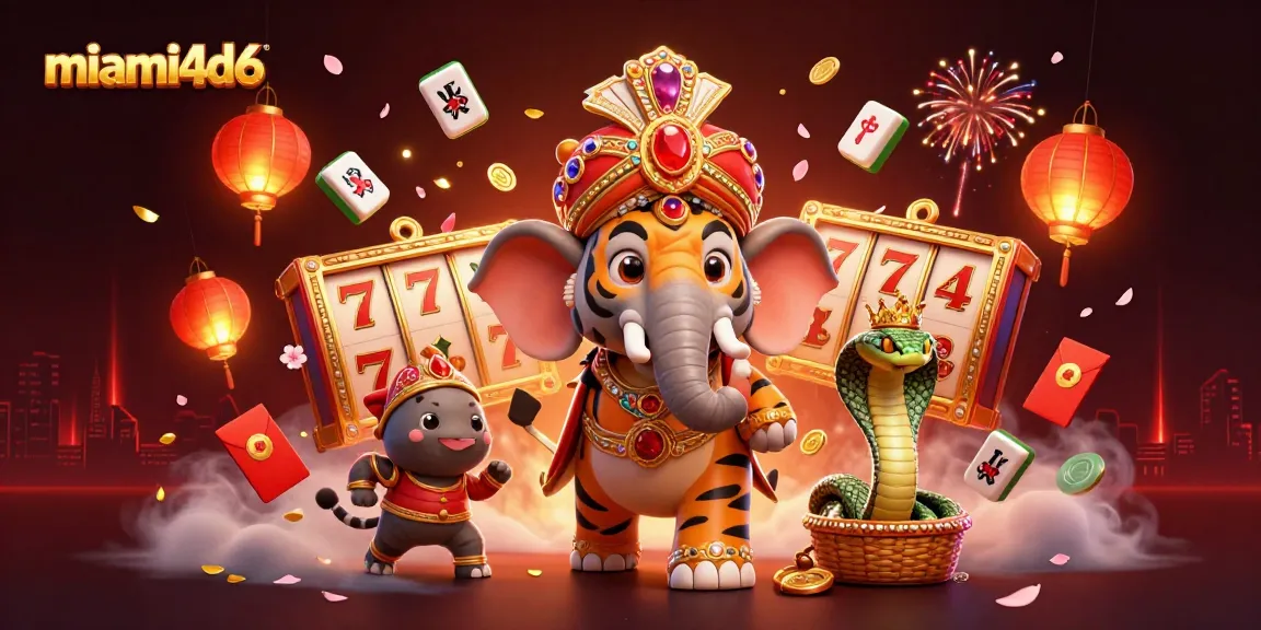 Spin the reels and experience excitement with miami4d6's vibrant 3D casino illustration featuring a maharaja tiger and elephants.