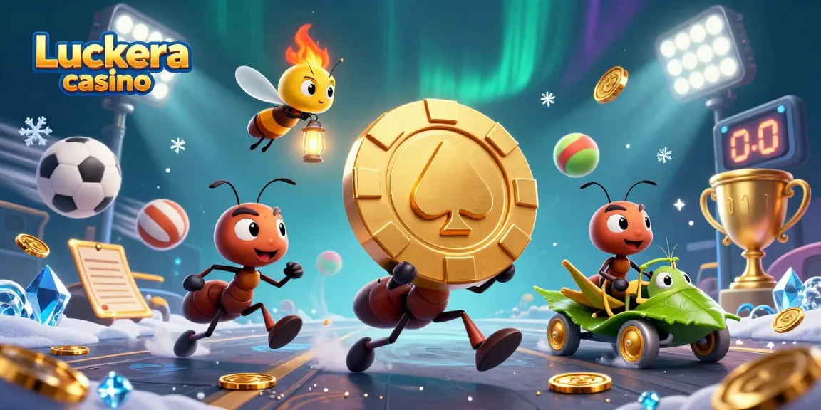 Luckera casino showcases a heist scene with 3D ants and golden chips amid a vibrant gaming atmosphere.