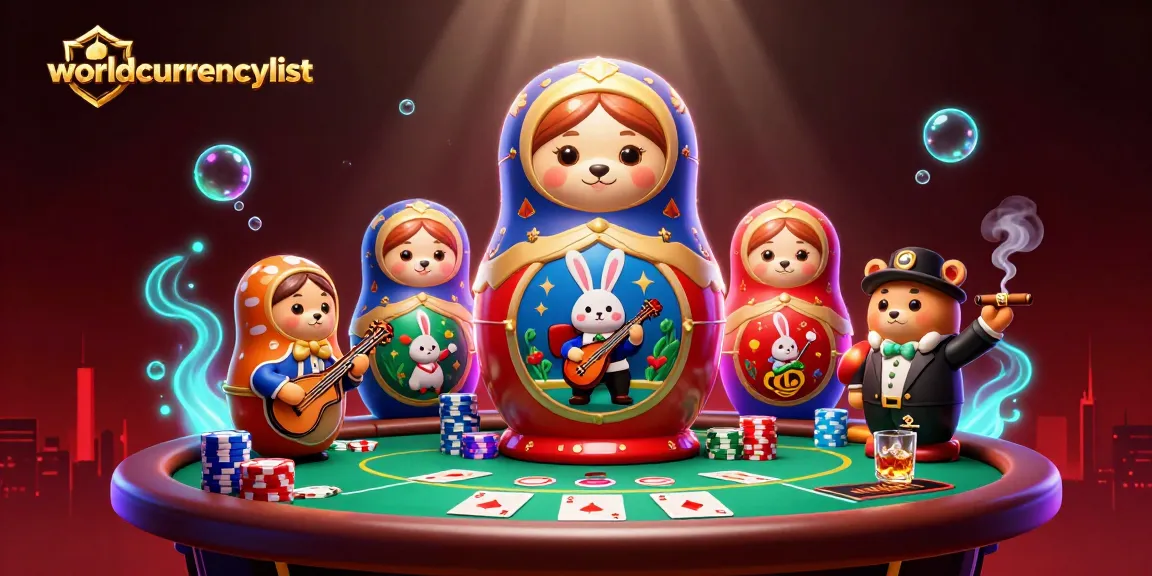 Engaging scene with worldcurrencylist Matryoshka bears showcasing casino dealer outfits, poker table, and vibrant atmosphere