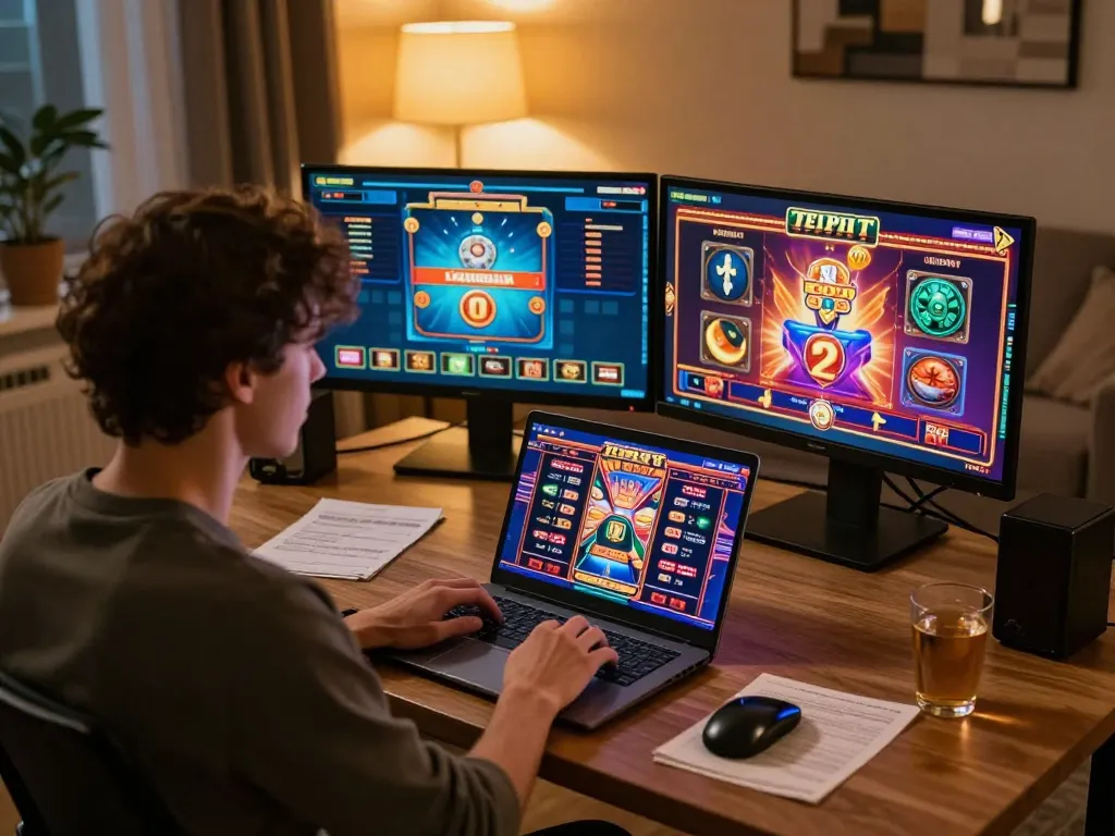 Engaging player immerses in LGOLUX online slots gaming experience with focused strategy and modern setup.