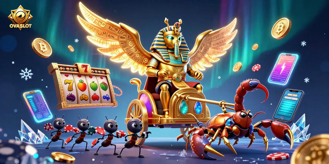 Engage in thrilling gameplay with OVASLOT's vibrant casino world featuring golden elements and blockchain coins.