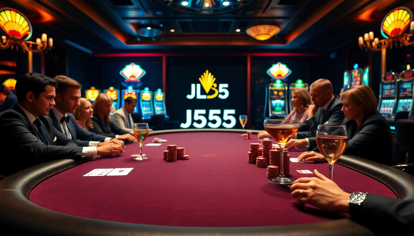 Players engage in a high-stakes poker game at the luxurious JL55 casino table.