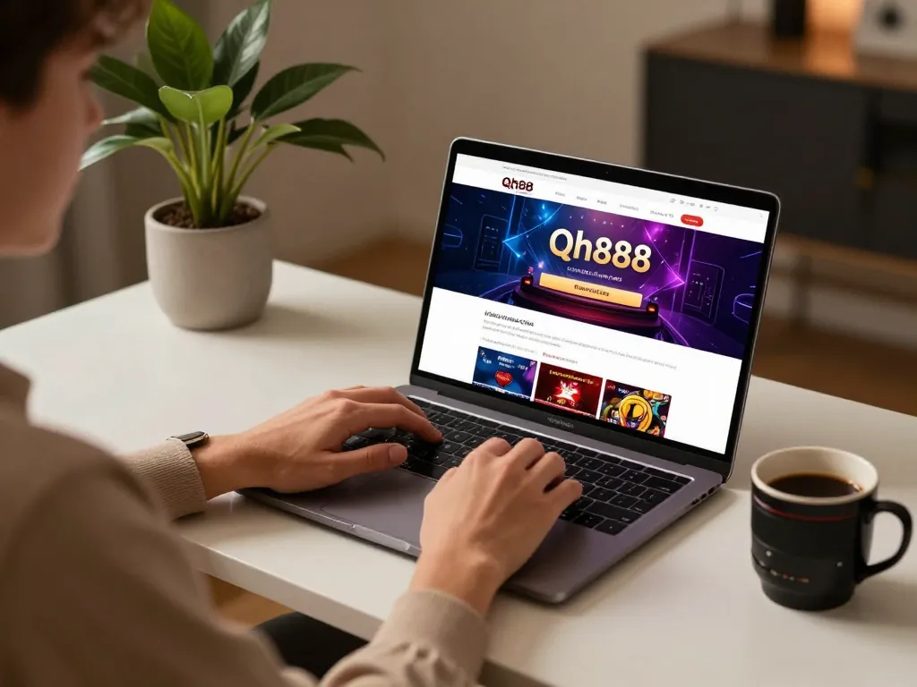Enjoying the Qh888 online casino experience on a cozy gaming setup with a laptop.
