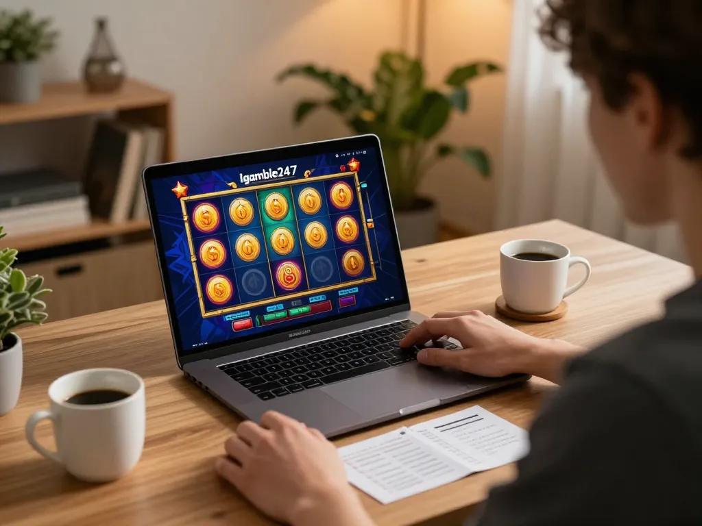 Igamble247 Slot gameplay displayed on a laptop in a cozy home setting, highlighting strategic betting action.