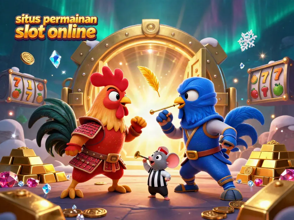 Gambaran situs permainan slot online dengan dua ayam bertarung, satu dalam armor samurai merah dan satu dalam pakaian ninja biru, di tengah tumpukan harta karun.
