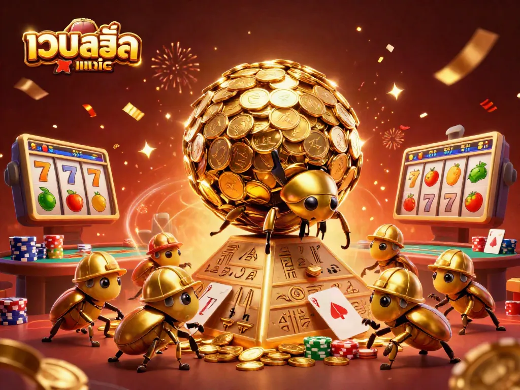 Engage with เว็บสล็อตแท้ through vibrant 3D illustration of beetles rolling golden coins, showcasing dynamic casino elements.