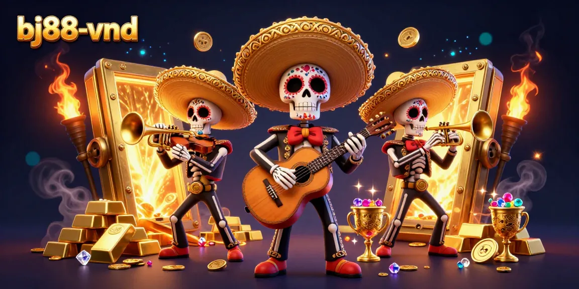 Experience the excitement of bj88-vnd with colorful mariachi band amidst treasures in 3D.