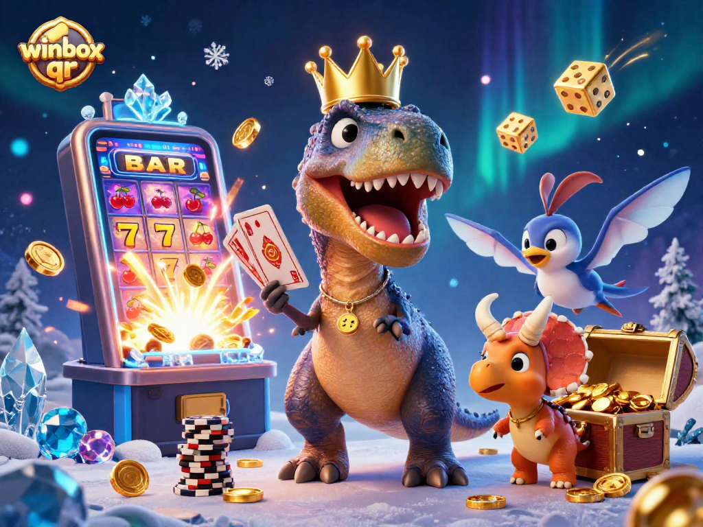 Winbox QR reveals gaming fun with a T-Rex, Pterodactyl, and Triceratops in an exciting casino scene.