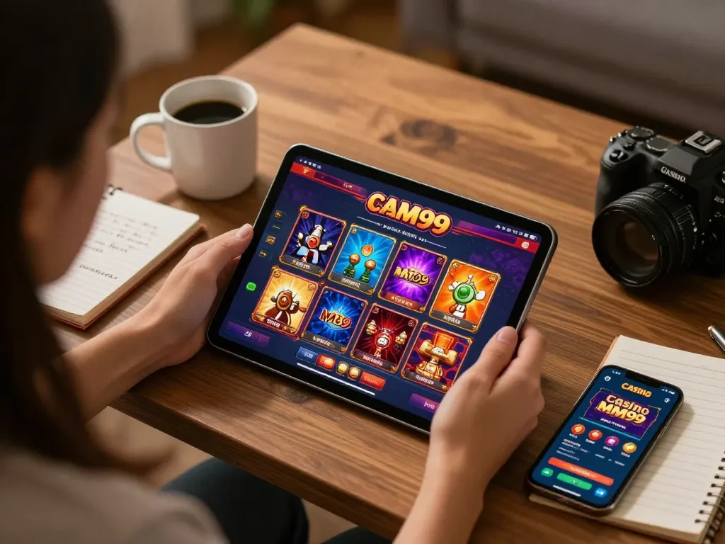 Casino MM99 user strategizing on tablet screen, cozy home gaming setup with notebook and coffee.