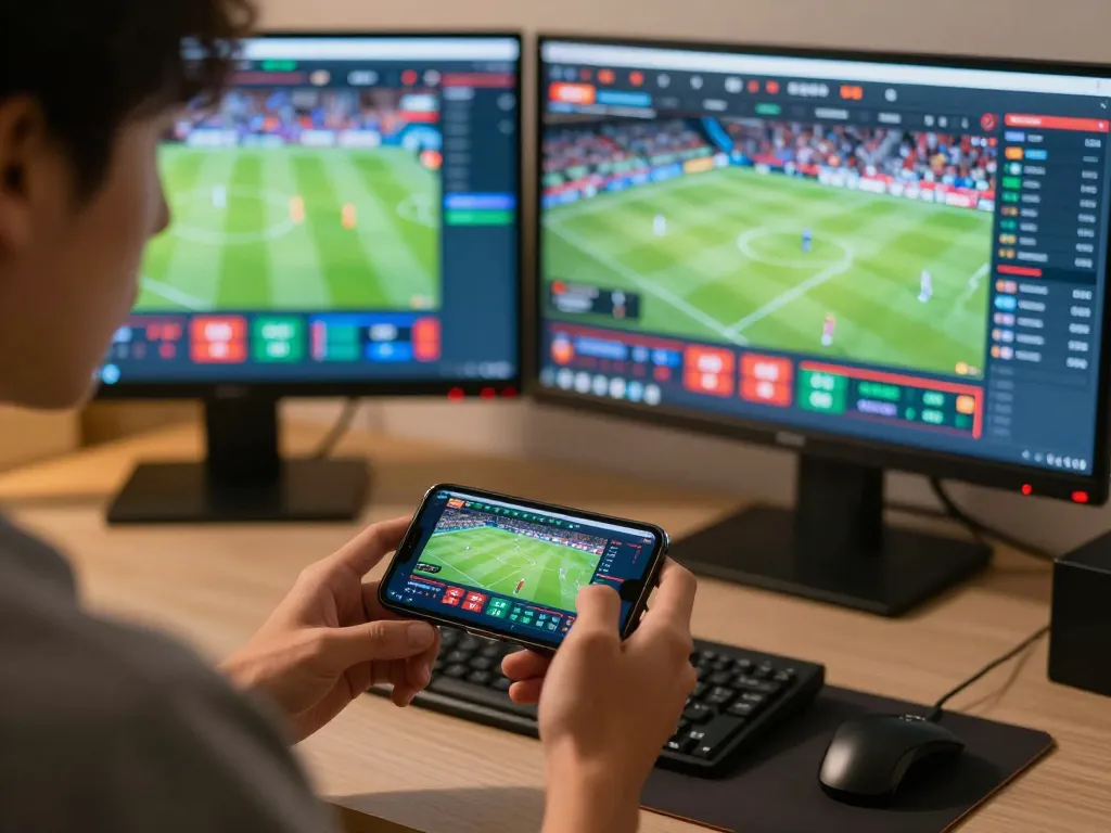 Tỷ lệ kèo nhà cái 5 displayed on a smartphone while a user engages in online sports betting
