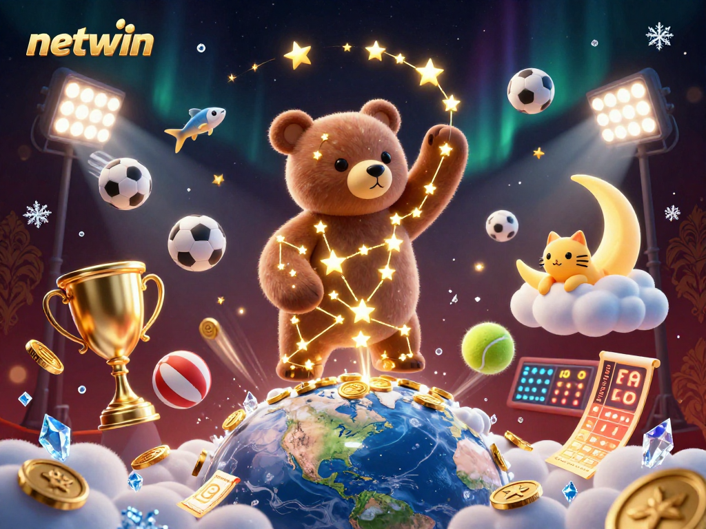 Win big with netwin in this vibrant 3D scene showcasing dynamic sports betting elements.
