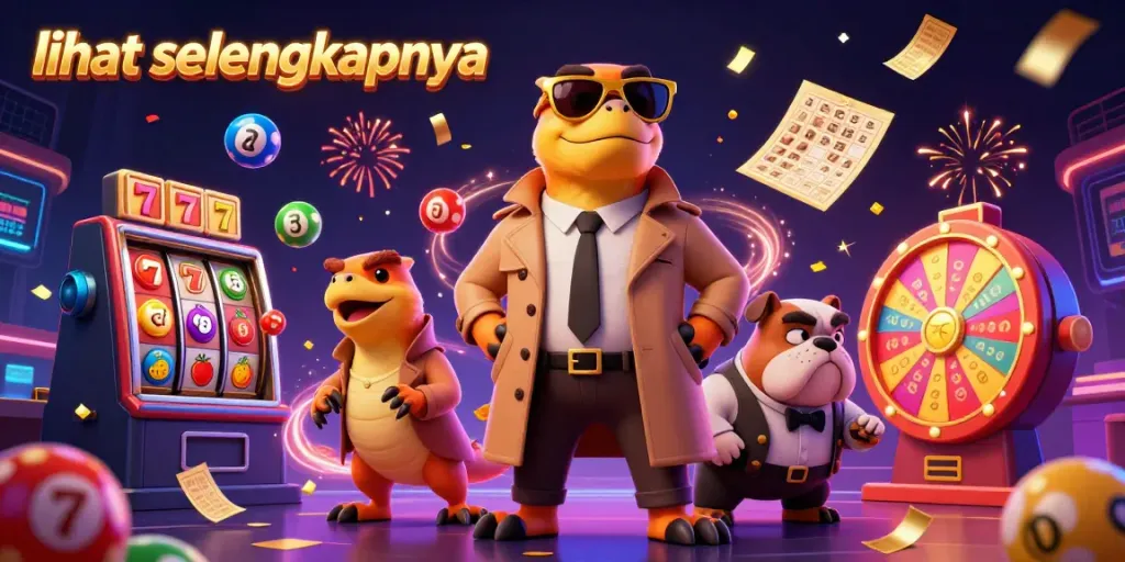 Melihat selengkapnya, ilustrasi 3D tiga raptor dalam jas trench berusaha memasuki kasino VIP dikelilingi simbol permainan.